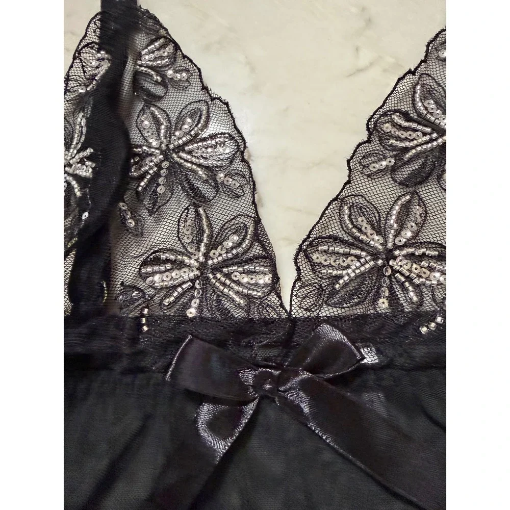 Black Sheer Mesh Babydoll Chemise Floral Lace Sequin Rhinestone Straps Size 2X